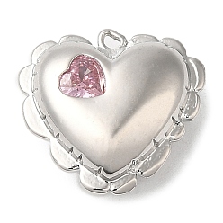 Pink Brass Pendants, with Glass, Nickel Free, Heart Charms, Real Platinum Plated, Pink, 15.5x16.5x6.5mm, Hole: 1.2mm