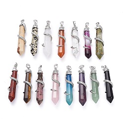 Mixed Stone Natural Gemstone Big Pointed Pendants, with Platinum Plated Brass Bails, Faceted, Bullet with Snake, 59~61.5x11~12x11~12mm, Hole: 5x8mm