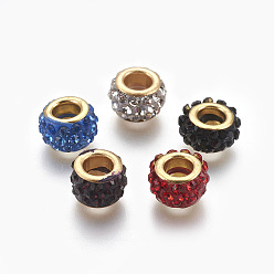 Couleur Mélangete Perles européennes en pate polymère manuelles, Perles avec un grand trou   , avec ame en laiton, plat rond, or, couleur mixte, 11.5x7mm, Trou: 5mm