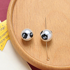 Black Halloween Resin Imitation Pearl Beads, Enamel Style, Round with Monster Pattern, Black, 12mm
