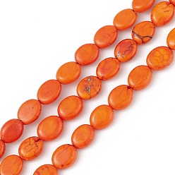Naranja Rojo Hilos de cuentas de turquesa natural, teñido, Plano Oval, rojo naranja, 9x7~8x3~4 mm, agujero: 0.6 mm, sobre 43 unidades / cadena, 15.35''~15.71'' (39~39.9 cm)