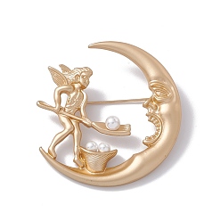 Matte Gold Color Plastic Pearl Moon & Fairy Lapel Pin, Alloy Badge for Backpack Clothes, Matte Gold Color, 49.5x48x5.5mm