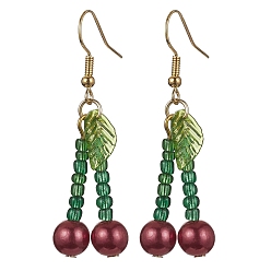 Rouge Boucles d'oreilles pendantes cerises en perles d'acrylique et de verre, boucles d'oreilles longues en fer, rouge, 51x16mm