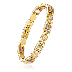 Oro Pulseras de banda de reloj de cadena de pantera de acero inoxidable shegrace, con diamantes de imitación y concha, dorado, 7-5/8 pulgada (19.5 cm)
