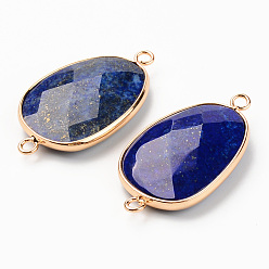 Lapis Lazuli Natural Lapis Lazuli Links, with Light Gold Plated Edge Brass Loops, Oval, Faceted, 38x22.5x6mm, Hole: 2mm