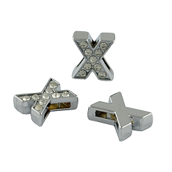 Letter X Aleación encantos de la diapositiva inicial con un grado de diamantes de imitación, sin plomo y el níquel, Platino, letter.x, 12~13x8~13x4~5 mm, agujero: 8x2 mm