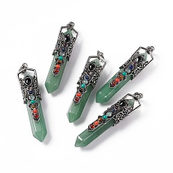 Green Aventurine Natural Green Aventurine Big Pendants, 7 Chakra Faceted Bullet Charms, with Rack Plating Antique Silver Tone Alloy Crown Findings, Cadmium Free & Lead Free, 84x20x19.5mm, Hole: 8x5mm