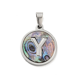 Letter Y 304 Stainless Steel with Paua Shell Pendants, Stainless Steel Color, Flat Round with Letter Charm, Letter.Y, 18x16x1.5mm, Hole: 3x6mm