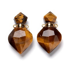 Tiger Eye Natural Tiger Eye Perfume Bottle Pendants, with Golden Brass Findings, Faceted, Rhombus, 27mm, Hole: 1.4mm
