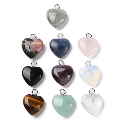 Mixed Stone Natural & Synthetic Mixed Gemstone Pendants, Heart Charms with Platinum Plated Brass Loops, 14.8~15x12x4.1~4.6mm, Hole: 2mm