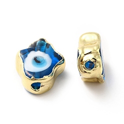 Azul Royal Hechos a mano de los granos del lampwork del ojo malvado, con borde de latón chapado en oro, larga duración plateado, hamsa mano, azul real, 15~17x11.5~12.5x5~5.5 mm, agujero: 1.8 mm