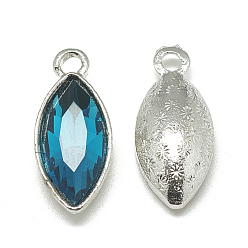 Teal Alloy Glass Pendants, Faceted, Horse Eye, Platinum, Teal, 20x9x5mm, Hole: 1.5mm