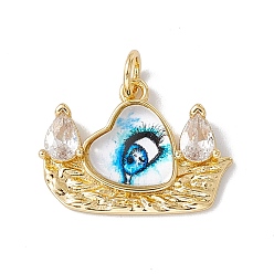 White Brass Micro Pave Clear Cubic Zirconia Pendants, with Eye Resin and Jump Rings, Lead Free & Cadmium Free, Boat with Heart Charm, Real 18K Gold Plated, White, 17x22.5x4.5mm, Hole: 4mm