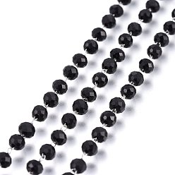 Black Handmade Glass Beaded Chains, Soldered, with 304 Stainless Steel Findings, Faceted, Rondelle, Stainless Steel Color, Black, 3.5mm, Bead: 3.5x3mm