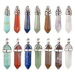 Mixed Stone 14Pcs 14 Style Chakra Natural & Synthetic Gemstone Pendants, with Platinum Tone Brass/Alloy Findings, Bullet, 33~45x8~12mm, hole: 3x2mm, 1pc/style