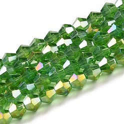 Verde Lima Transparentes cuentas de vidrio electroplate hebras, color de ab chapado, facetados, bicono, verde lima, 3x2.5 mm, agujero: 0.7 mm, sobre 162~185 unidades / cadena, 12.76~14.61 pulgada (32.4~37.1 cm)