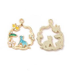 Gold Alloy Enamel Pendants, with Rhinestone, Cadmium Free & Nickel Free & Lead Free, Golden, Flower with Cat & Flower Pattern, Gold, 27x22x2.5mm, Hole: 1.8mm