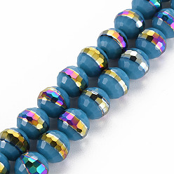 Steel Blue Electroplate Opaque Solid Color Glass Beads Strands, Rainbow Color Plated, Faceted, Round, Steel Blue, 10x9.5mm, Hole: 1.4mm, about 39~40pcs/strand, 14.17 inch~14.57 inch(36~37cm)