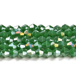 Verdemar Hebras de cuentas de vidrio electrochapado de color sólido opaco, color de ab chapado, facetados, bicono, verde mar, 4x4 mm, agujero: 0.8 mm, sobre 87~98 unidades / cadena, 12.76~14.61 pulgada (32.4~37.1 cm)