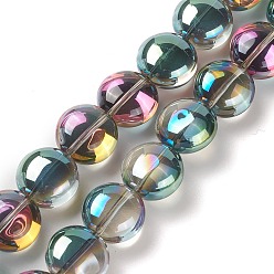 Colorful Transparent Electroplate Glass Bead Strands, Half Rainbow Plated, Flat Round, Colorful, 12x8mm, Hole: 1.2mm, about 50pcs/strand, 24.41''(62cm)