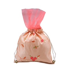 Salmón Claro Bolsas de flores con bordado de seda, bolsa con cordón, Rectángulo, salmón claro, 25x16 cm