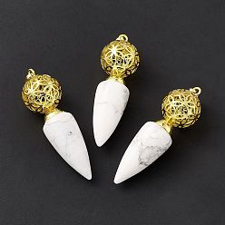 Howlite Natural Howlite Big Pendants, Cone Charms with Rack Plating Brass Hollow Ball, Golden, Cadmium Free & Lead Free, 57~58x17.5~18mm, Hole: 8x5mm