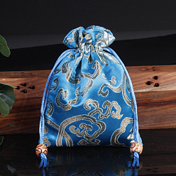 Светло-Голубой Атласные упаковочные мешочки для ювелирных изделий в китайском стиле с цветочным узором, подарочные пакеты на шнуровке, прямоугольные, Небесно-голубой, 14x11 см