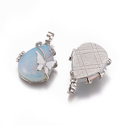 Opalite Opalite Pendants, with Enamel and Brass Findings, teardrop, with Butterfly, Platinum, 30x23.5x12mm, Hole: 10x6mm