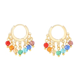 Colorful Brass Huggie Hoop Earring, with Glass Charms, Real 18k Gold Plated, Colorful, 25x23x4mm, Pin: 1mm