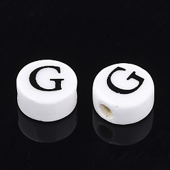 Letter G Handmade Porcelain Beads, Horizontal Hole, Flat Round with Letter, White, Letter.G, 8~8.5x4.5mm, Hole: 2mm