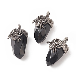 Obsidian Natural Obsidian Pendants, Faceted Acorn Charms, with Antique Silver Tone Brass Spider Findings, 40.5~41x18.5x21~24mm, Hole: 5.5x6mm