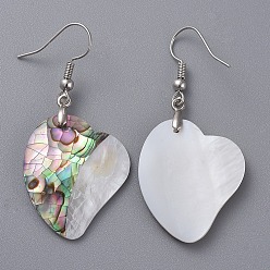 Platinum White Shell & Abalone Shell/Paua Shell Dangle Earrings, with Brass Ice Pick Pinch Bails and Earring Hooks, Heart, Platinum, 50mm, Pin: 0.7mm