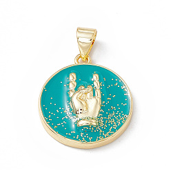 Turquoise Rack Plating Brass Enamel Pendants, with Glitter Powder, Long-Lasting Plated, Real 18K Gold Plated, Flat Round with Rock Hand Gesture Charm, Turquoise, 21.5x16.5x3.5mm, Hole: 4x3mm
