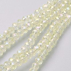 Yellow Electroplate Glass Beads Strands, Full Rainbow Plated, Faceted, Rondelle, Yellow, 4~4.5x3mm, Hole: 0.5mm, about 130~135pcs/strand, 15.5~16 inch(39~40cm)