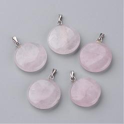 Платина Природного розового кварца подвески, плоско-круглые, платина, 24x20~20.5x5~5.5 мм, отверстие : 2.5x5.5 мм