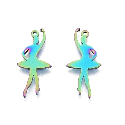 Rainbow Color Ion Plating(IP) 201 Stainless Steel Pendant, Ballet Girl Charms, Rainbow Color, 29x14x1.5mm, Hole: 1.5mm