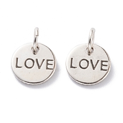 Antique Silver Brass Charms, Long-Lasting Plated, with Jump Rings, Flat Round with Word Love, for Valentine's Day, Antique Silver, 8.5x1mm, Jump Ring: 4x0.5mm, Inner Diameter: 2.5mm 