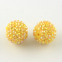 Or Ab-perles de couleur strass de résine, avec des perles rondes acryliques à l'intérieur, pour les bijoux de bubblegum, or, 20x18mm, Trou: 2~2.5mm