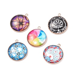 Rose Gold Glass Pendants, with 304 Stainless Steel Pendant Cabochon Setting, Flat Round, Rose Gold, 30x26x6mm, Hole: 2.3mm