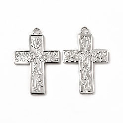 Stainless Steel Color 304 Stainless Steel Pendants, Cross with Sunflower Charm, Stainless Steel Color, 35x23x1.8mm, Hole: 2.5mm