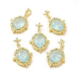 Light Cyan Rack Plating Brass & Crushed Ice Cut Cubic Zirconia Pendants, with Rhinestone, Real 14K Gold Plated, Cadmium Free & Lead Free, Oval with Leaf Charm, Light Cyan, 28.5x22x7mm, Hole: 7x4mm