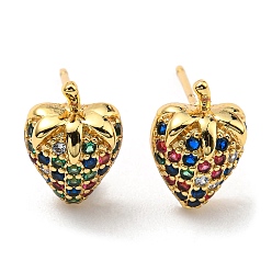 Real 18K Gold Plated Colorful Cubic Zirconia Strawberry Stud Earrings, Rack Plating Brass Earrings, Lead Free & Cadmium Free, Real 18K Gold Plated, 11x8mm