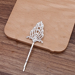 Silver Iron Hair Bobby Pin Findings, with Flower Brass Findings, Silver, 81x27x5mm
