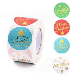 Colorful Christmas Themed Flat Round Roll Stickers, Self-Adhesive Paper Gift Tag Stickers, for Party, Decorative Presents, Mixed Color, Colorful, 38x0.1mm, about 500pcs/roll