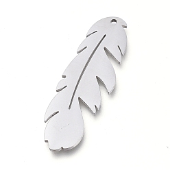 Stainless Steel Color 304 Stainless Steel Pendants, Manual Polishing, Laser Cut, Feather, Stainless Steel Color, 33.5x10.5x0.8mm, Hole: 1.2mm