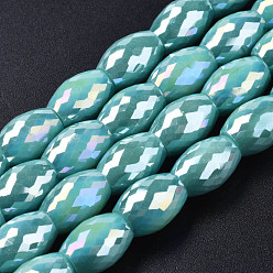 Light Sea Green Electroplate Glass Beads Strands, AB Color Plated, Faceted, Oval, Light Sea Green, 11x8mm, Hole: 1.2mm, about 60pcs/strand, 26.38 inch(67cm)