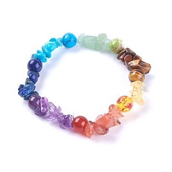 Coloré Chakra bijoux, bracelets pierres précieuses extensibles naturelles et synthétiques, chips et rond, colorées, 1-7/8 pouces (48 mm)