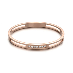 Rose Gold 304 Stainless Steel Bangles, with Rhinestone, Rose Gold, 53x64mm, 8mm