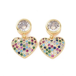 Doré  Boucles d'oreilles pendantes en forme de cœur avec oxyde de zirconium coloré, bijoux en laiton pour femmes, or, 19.5mm, pin: 0.7 mm