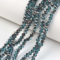 Teal Electroplate Transparent Glass Beads Strands, Half Black Plated, Faceted, Rondelle, Teal, 4x3mm, Hole: 0.4mm, about 123~127pcs/strand, 16.5~16.9 inch(42~43cm)